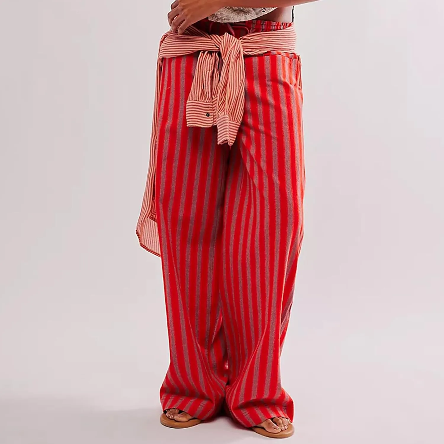 Women Y2k Striped Long Pants Wide Leg Stripes Print Lounge Pants High Waist Drawstring Striped Trousers