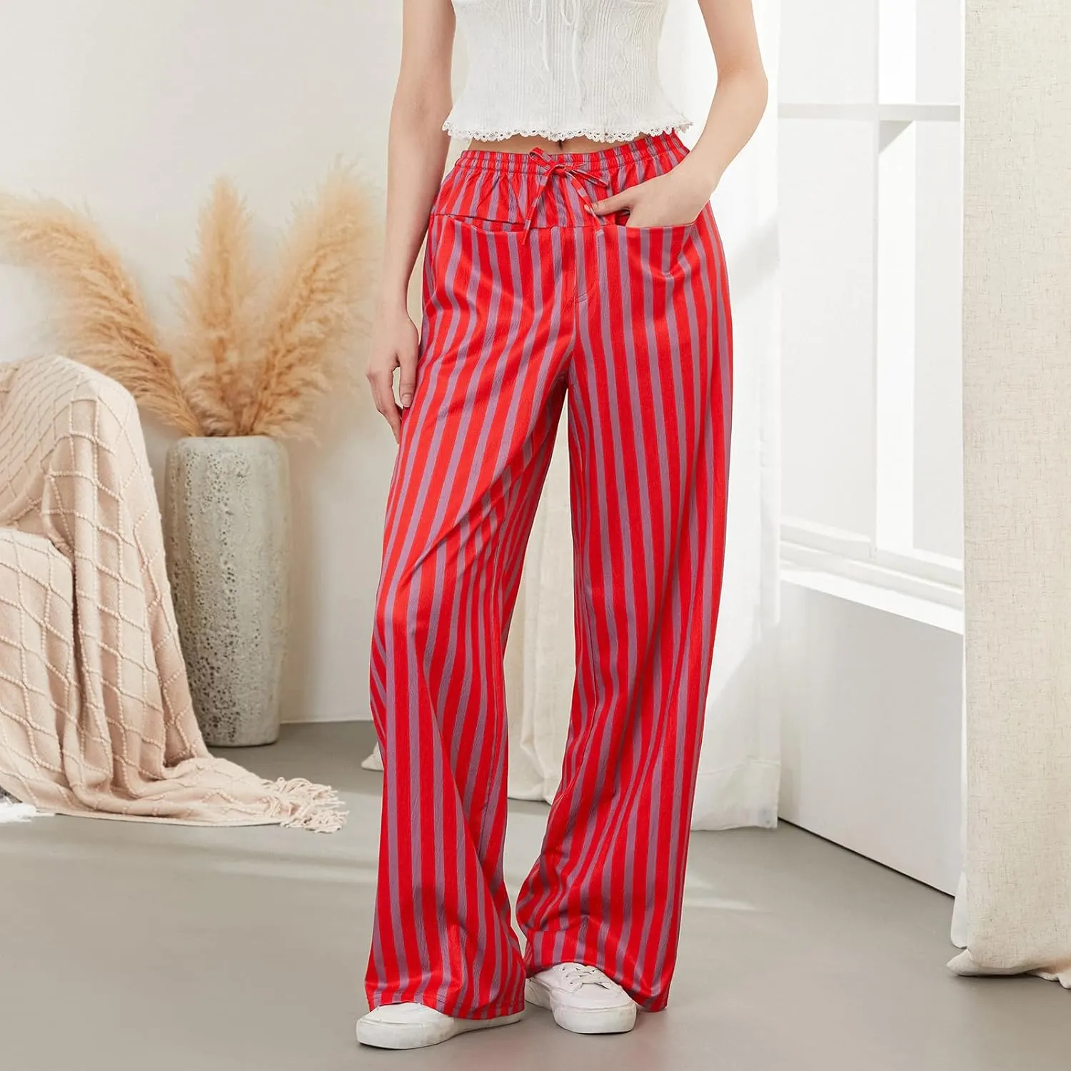 Women Y2k Striped Long Pants Wide Leg Stripes Print Lounge Pants High Waist Drawstring Striped Trousers