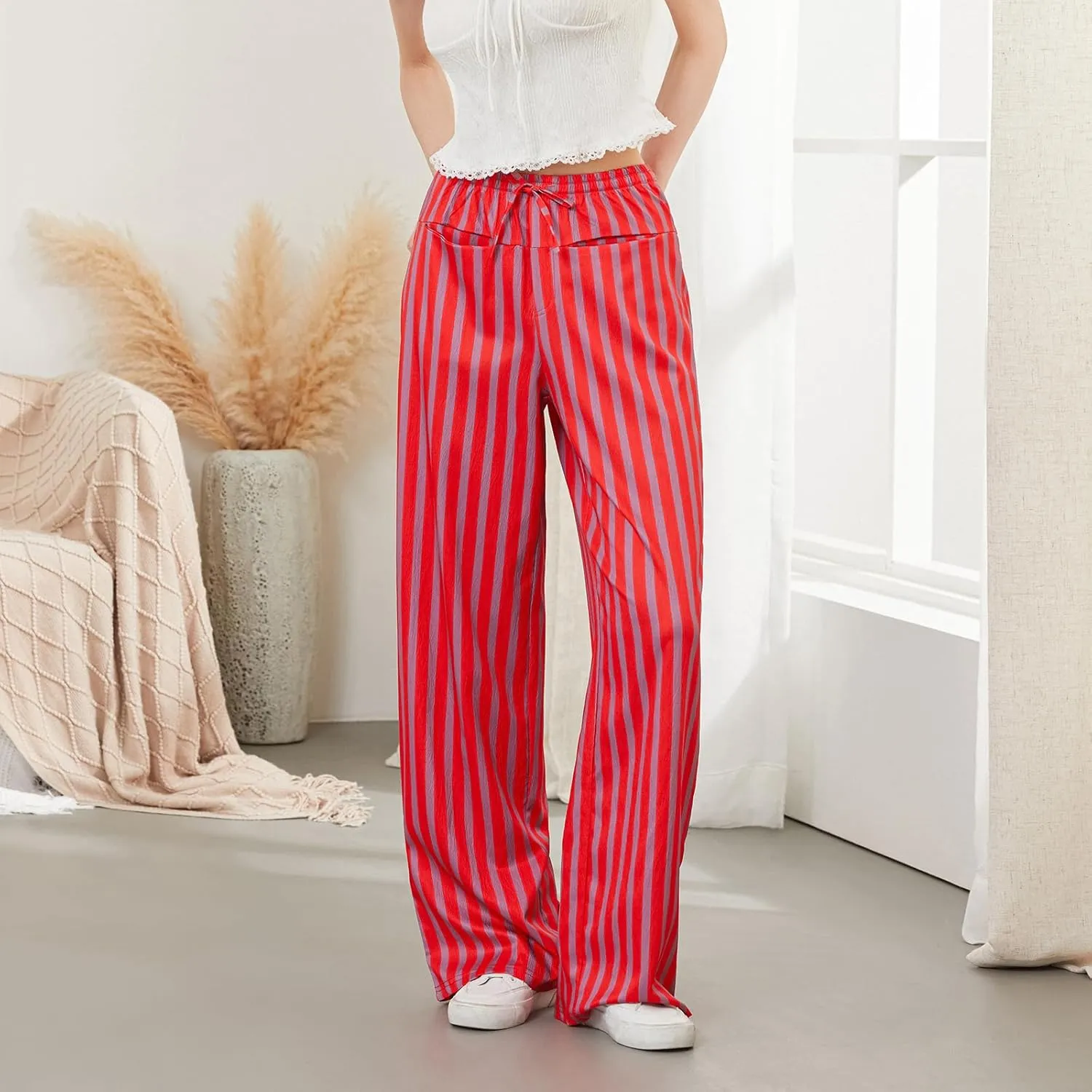 Women Y2k Striped Long Pants Wide Leg Stripes Print Lounge Pants High Waist Drawstring Striped Trousers