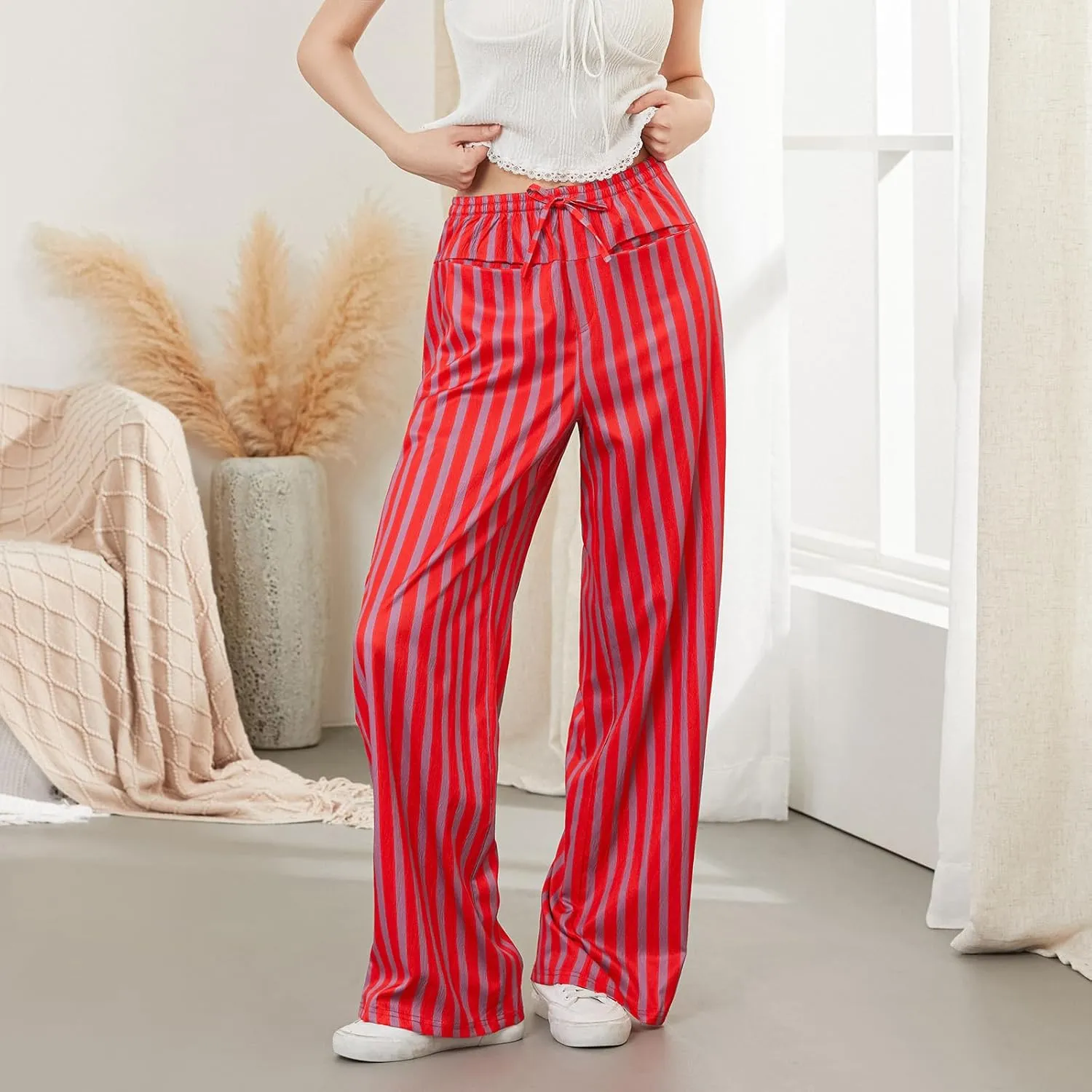 Women Y2k Striped Long Pants Wide Leg Stripes Print Lounge Pants High Waist Drawstring Striped Trousers
