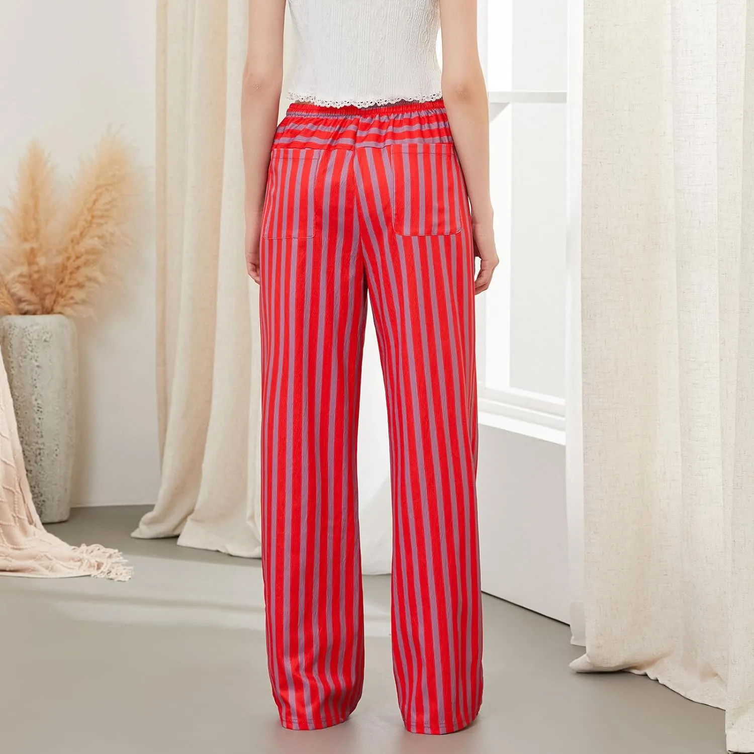 Women Y2k Striped Long Pants Wide Leg Stripes Print Lounge Pants High Waist Drawstring Striped Trousers