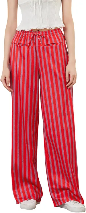 Women Y2k Striped Long Pants Wide Leg Stripes Print Lounge Pants High Waist Drawstring Striped Trousers