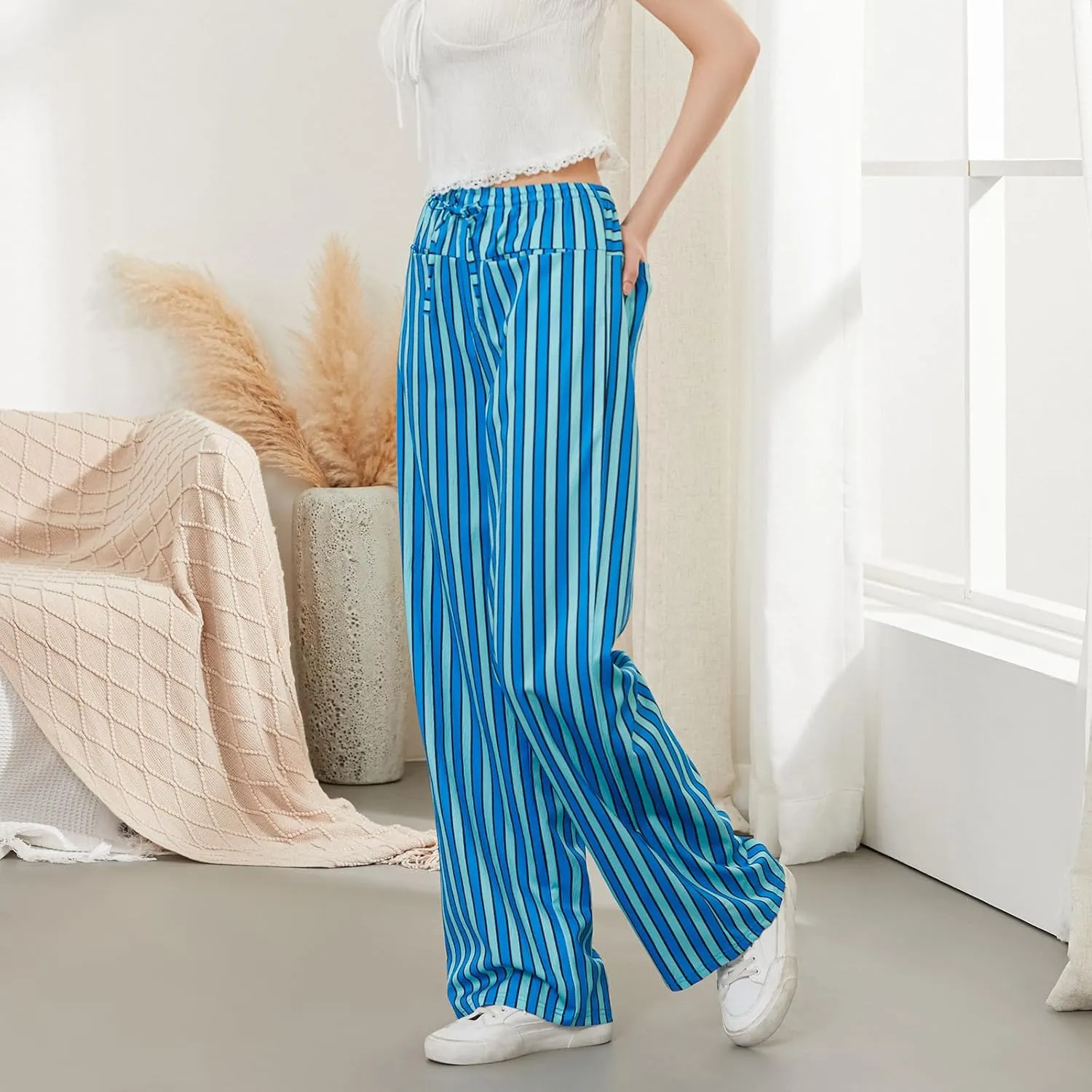 Women Y2k Striped Long Pants Wide Leg Stripes Print Lounge Pants High Waist Drawstring Striped Trousers