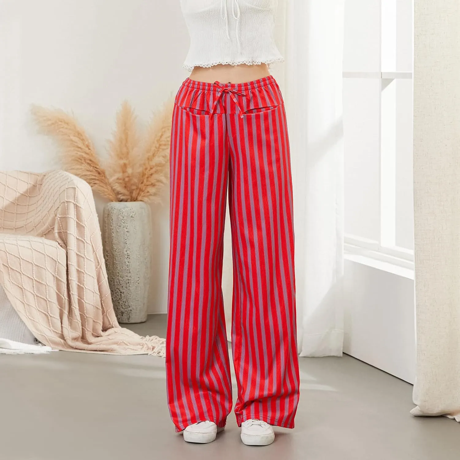 Women Y2k Striped Long Pants Wide Leg Stripes Print Lounge Pants High Waist Drawstring Striped Trousers