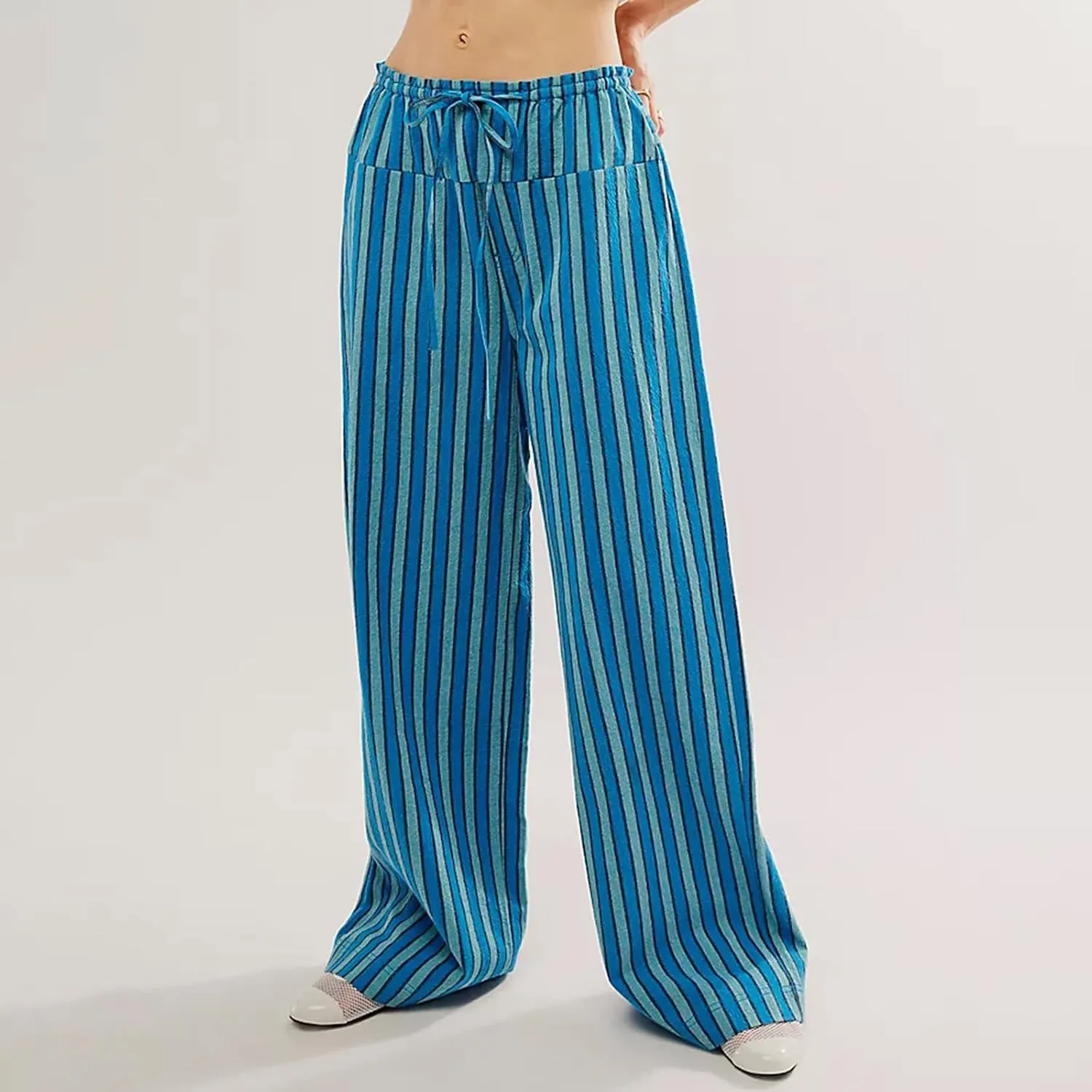 Women Y2k Striped Long Pants Wide Leg Stripes Print Lounge Pants High Waist Drawstring Striped Trousers