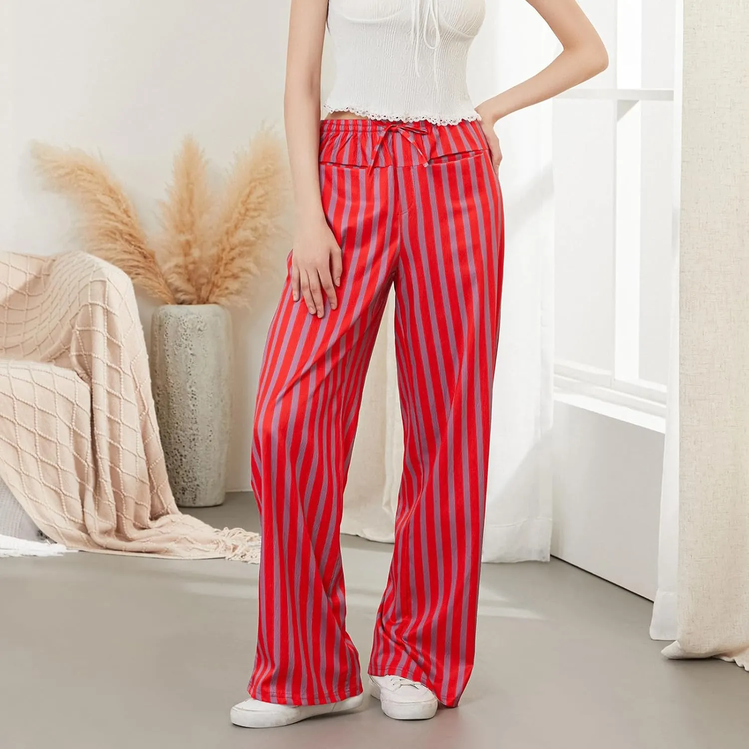 Women Y2k Striped Long Pants Wide Leg Stripes Print Lounge Pants High Waist Drawstring Striped Trousers