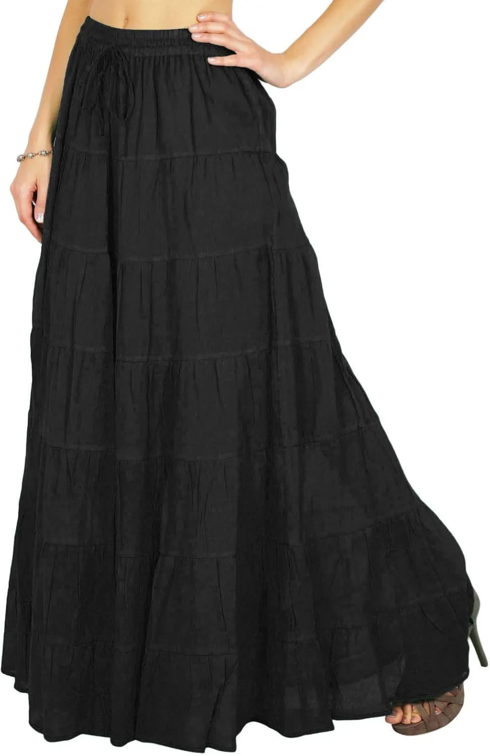 Women's 100% Cotton Skirts Tiered A Line Long Skirts Maxi Elastic High Waist Summer Trendy Flowy Boho Drawstring Skirt