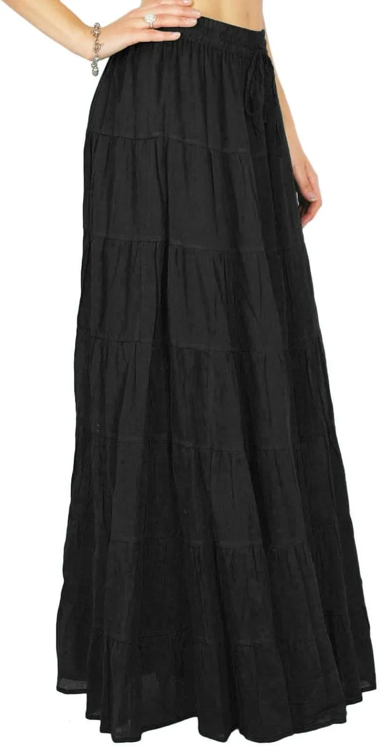 Women's 100% Cotton Skirts Tiered A Line Long Skirts Maxi Elastic High Waist Summer Trendy Flowy Boho Drawstring Skirt