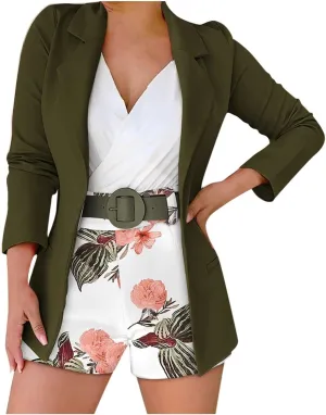 Women's 2 Piece Outfit Long Sleeve Open Front Blazer Jacket with Floral Print Belted Shorts Set Casual Office Suit Set