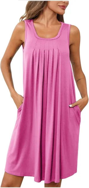 Women's 2024 Summer Casual Loose Beach Sleeveless Midi Sundress with Pockets Swing Solid Ruffle A-Line Dresses