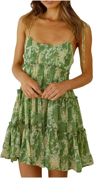 Womens 2024 Summer Floral Mini Dress Adjustable Spaghetti Strap Solid/Boho Flowy Ruffle Sleeveless Elegant/Sexy Mini Dress