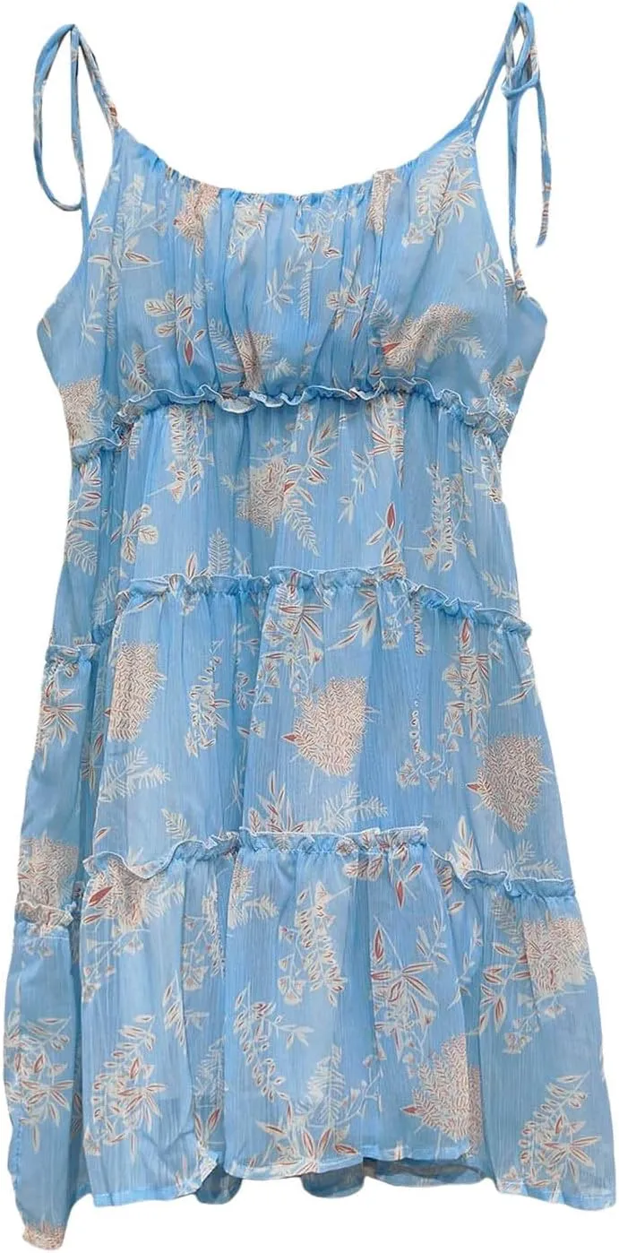 Womens 2024 Summer Floral Mini Dress Adjustable Spaghetti Strap Solid/Boho Flowy Ruffle Sleeveless Elegant/Sexy Mini Dress