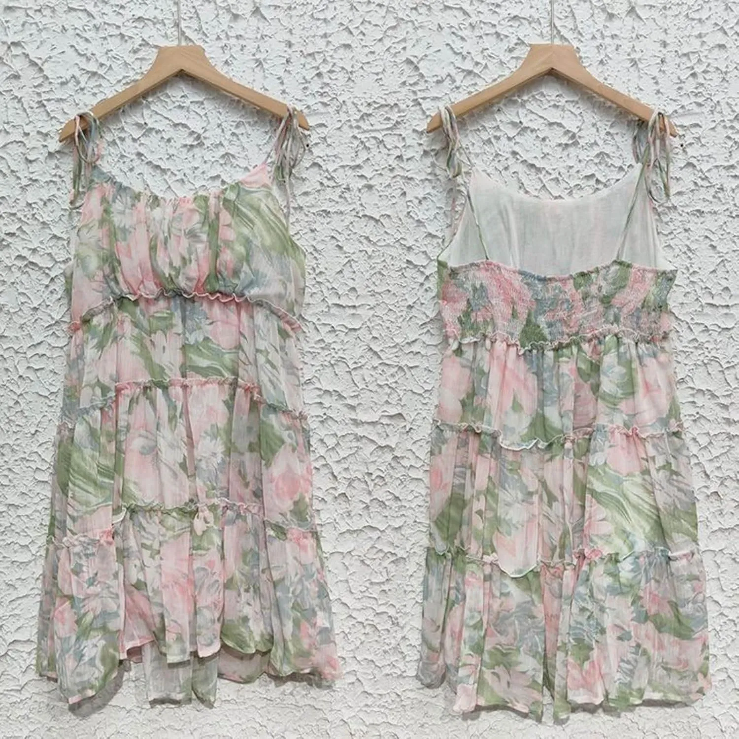 Womens 2024 Summer Floral Mini Dress Adjustable Spaghetti Strap Solid/Boho Flowy Ruffle Sleeveless Elegant/Sexy Mini Dress