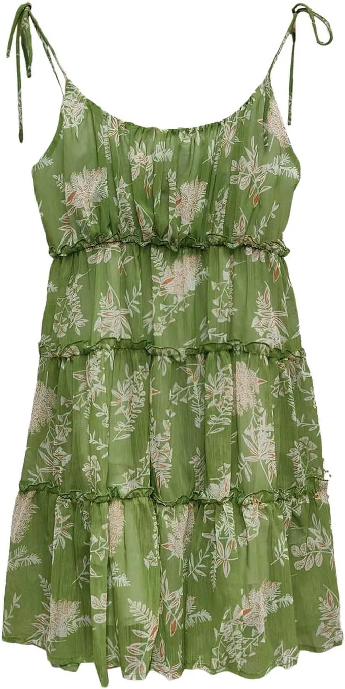 Womens 2024 Summer Floral Mini Dress Adjustable Spaghetti Strap Solid/Boho Flowy Ruffle Sleeveless Elegant/Sexy Mini Dress