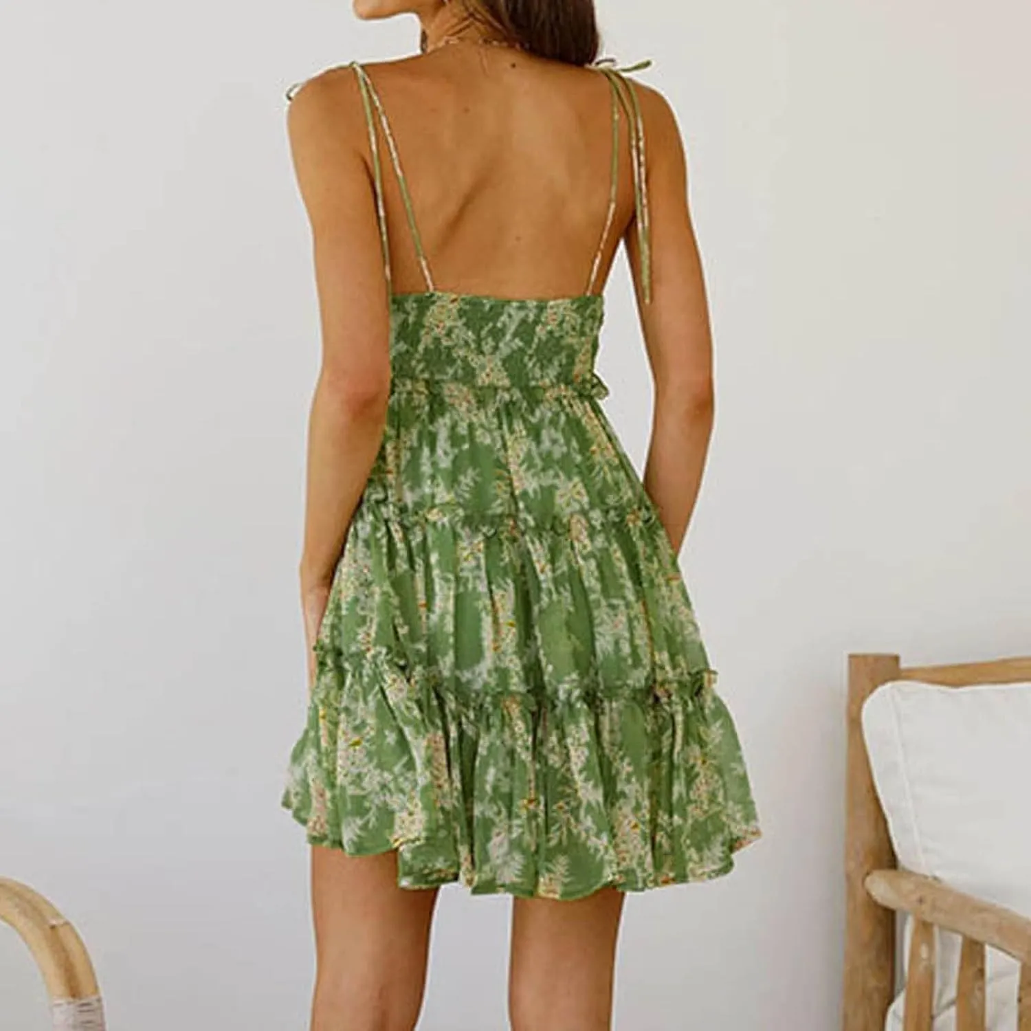 Womens 2024 Summer Floral Mini Dress Adjustable Spaghetti Strap Solid/Boho Flowy Ruffle Sleeveless Elegant/Sexy Mini Dress