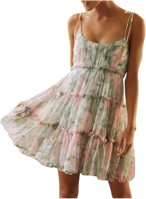Womens 2024 Summer Floral Mini Dress Adjustable Spaghetti Strap Solid/Boho Flowy Ruffle Sleeveless Elegant/Sexy Mini Dress