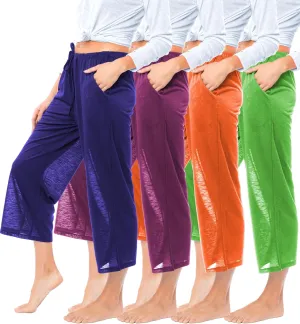 Women's 4 Pack Casual Active Relaxed Flowy Fit Capri Semi Sheer Cropped Bermuda Short Lounge Pants