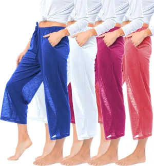 Women's 4 Pack Casual Active Relaxed Flowy Fit Capri Semi Sheer Cropped Bermuda Short Lounge Pants