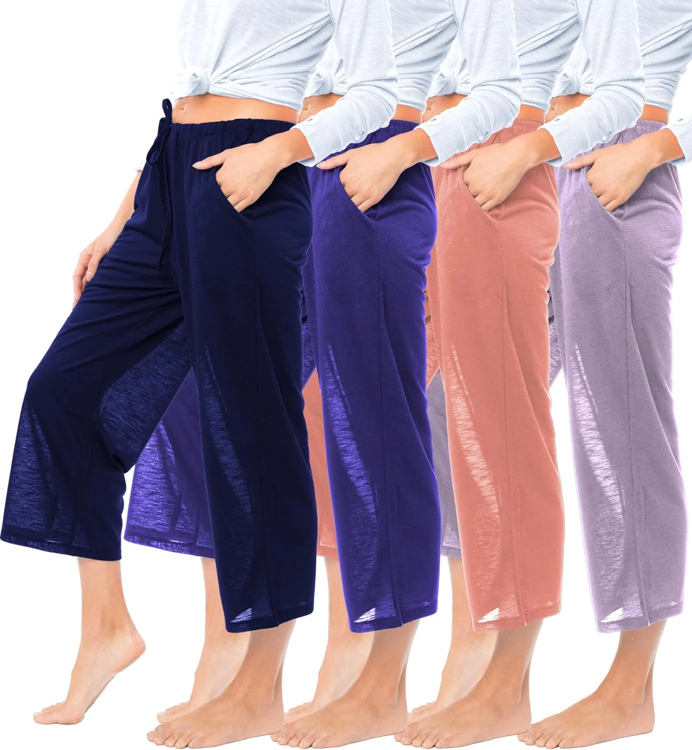 Women's 4 Pack Casual Active Relaxed Flowy Fit Capri Semi Sheer Cropped Bermuda Short Lounge Pants