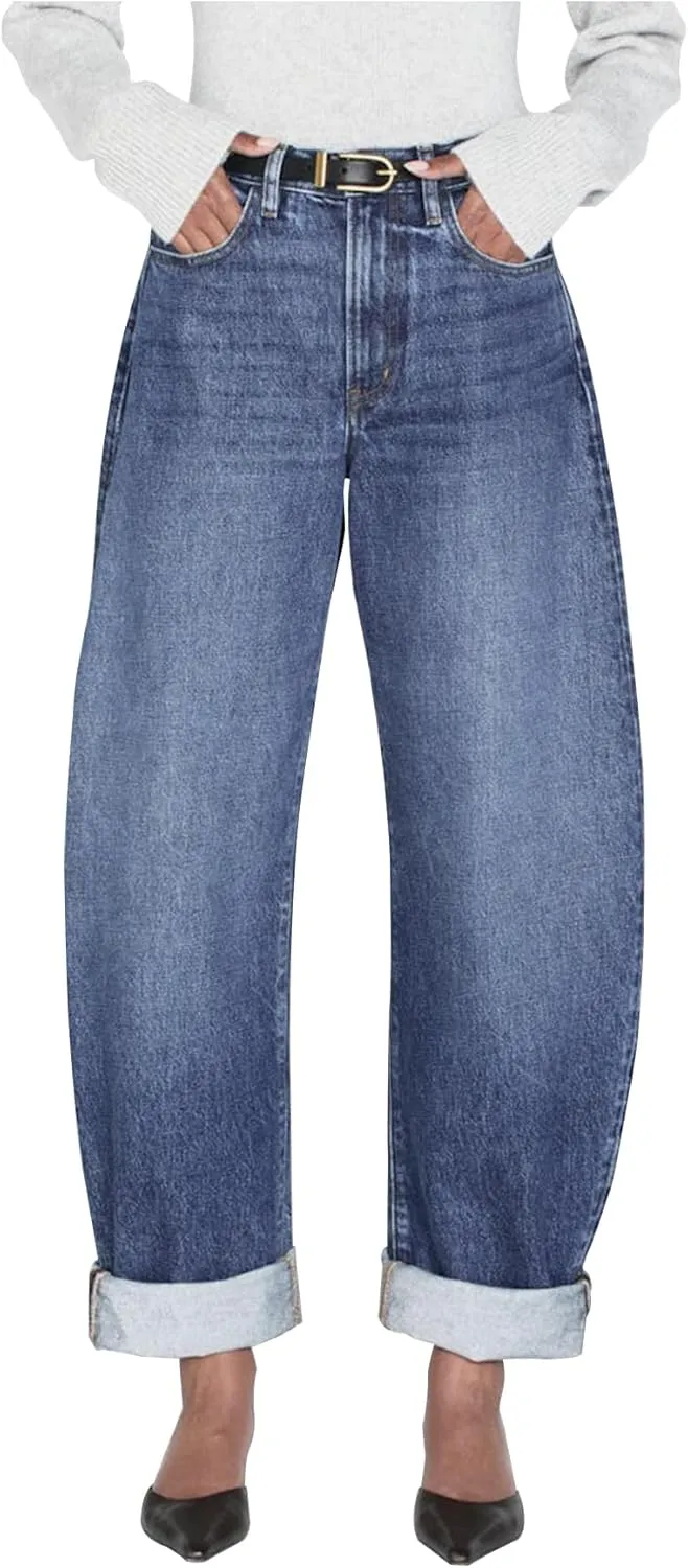 Women's Barrel Jeans High Rise Wide Leg Tapered Jeans Baggy Boyfriend Pants with Pockets