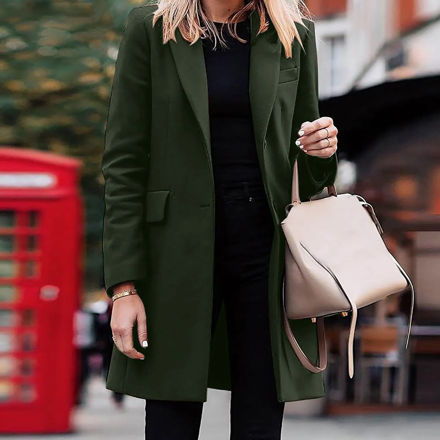 Womens Big Notch Lapel Single Breasted Pea Coats Warm Winter Wool Blend Overcoats Elegant Long Suit Jacket Blazers