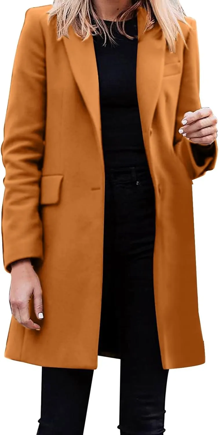 Womens Big Notch Lapel Single Breasted Pea Coats Warm Winter Wool Blend Overcoats Elegant Long Suit Jacket Blazers