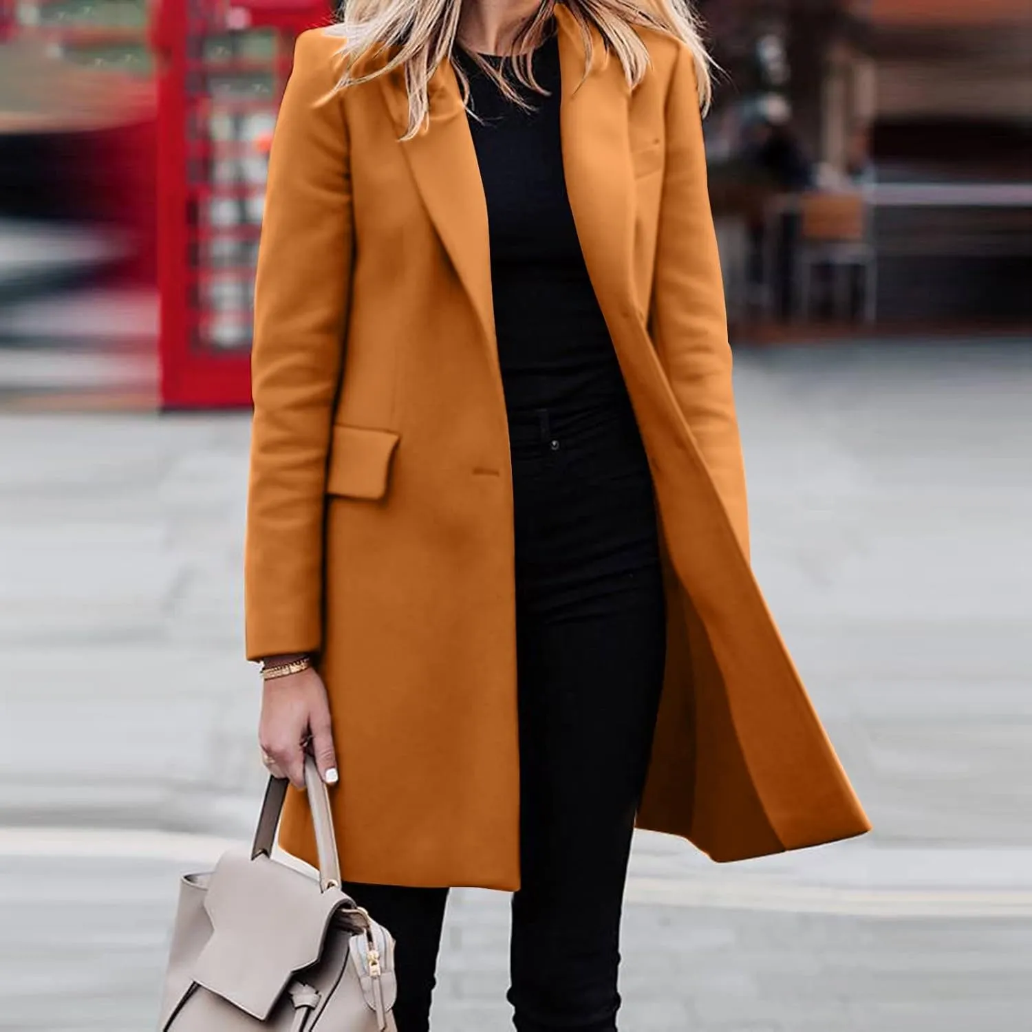 Womens Big Notch Lapel Single Breasted Pea Coats Warm Winter Wool Blend Overcoats Elegant Long Suit Jacket Blazers