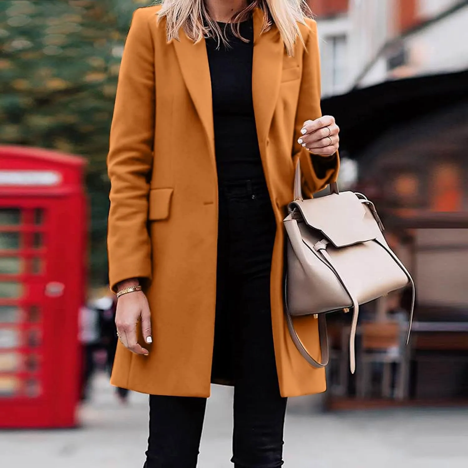 Womens Big Notch Lapel Single Breasted Pea Coats Warm Winter Wool Blend Overcoats Elegant Long Suit Jacket Blazers
