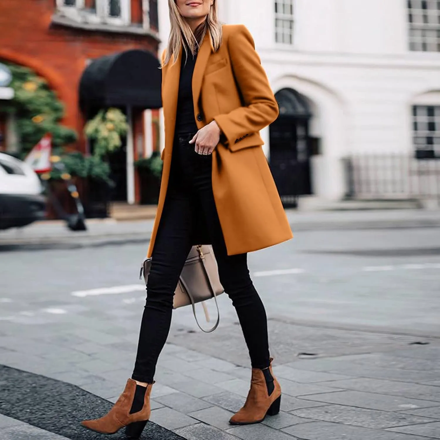 Womens Big Notch Lapel Single Breasted Pea Coats Warm Winter Wool Blend Overcoats Elegant Long Suit Jacket Blazers