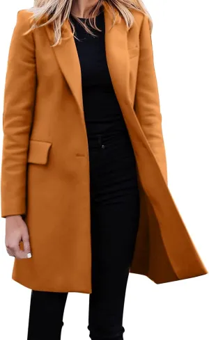 Womens Big Notch Lapel Single Breasted Pea Coats Warm Winter Wool Blend Overcoats Elegant Long Suit Jacket Blazers
