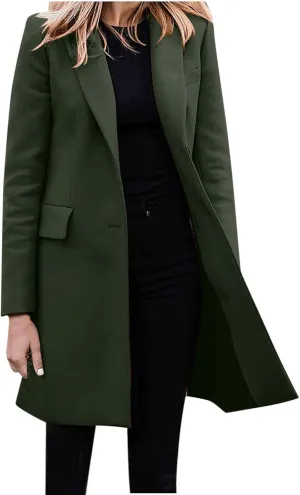 Womens Big Notch Lapel Single Breasted Pea Coats Warm Winter Wool Blend Overcoats Elegant Long Suit Jacket Blazers