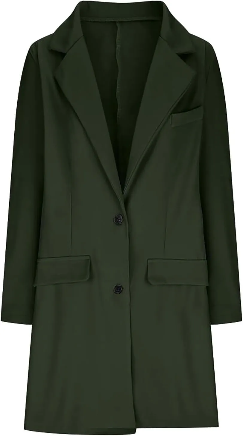 Womens Big Notch Lapel Single Breasted Pea Coats Warm Winter Wool Blend Overcoats Elegant Long Suit Jacket Blazers