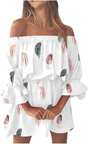 Women's Bodycon Dresses Summer Loose Casual Trendy Dress Cold Shoulder Floral Printed Ruffle Sleeve Dresses, S-3XL
