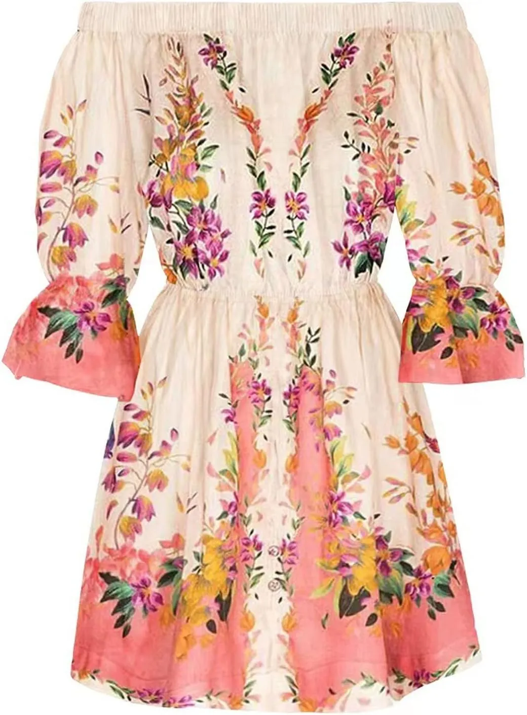 Women's Bodycon Dresses Summer Loose Casual Trendy Dress Cold Shoulder Floral Printed Ruffle Sleeve Dresses, S-3XL