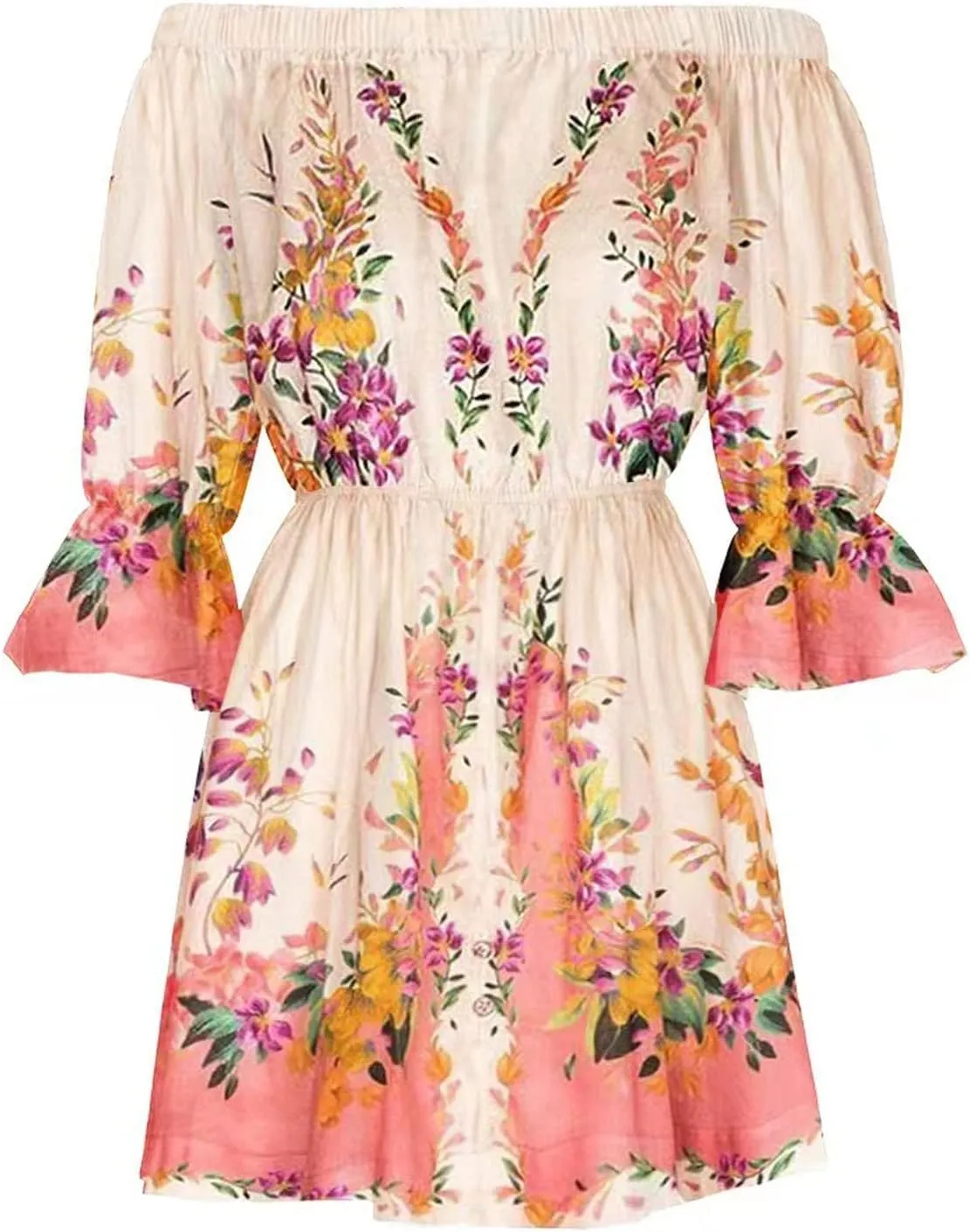 Women's Bodycon Dresses Summer Loose Casual Trendy Dress Cold Shoulder Floral Printed Ruffle Sleeve Dresses, S-3XL
