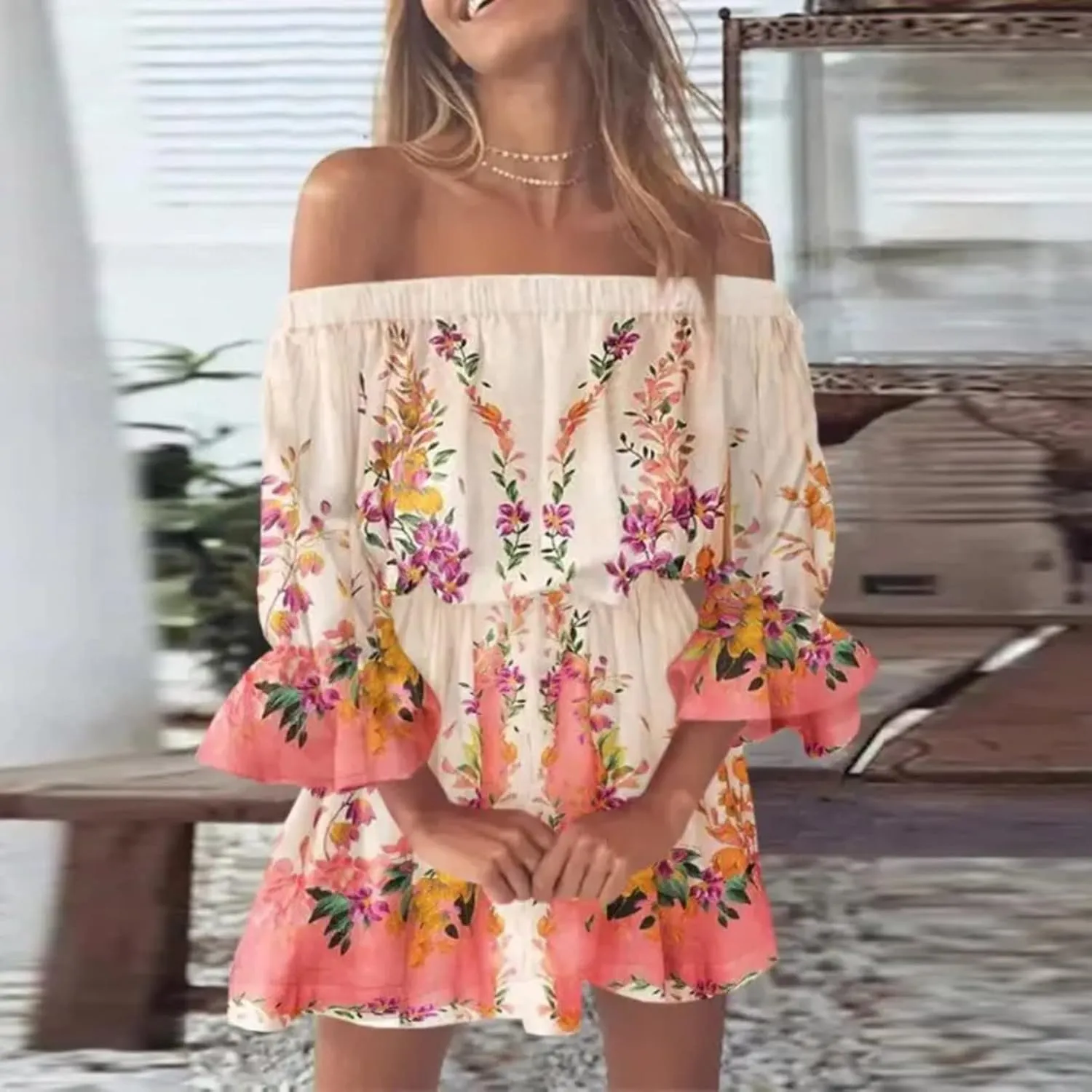 Women's Bodycon Dresses Summer Loose Casual Trendy Dress Cold Shoulder Floral Printed Ruffle Sleeve Dresses, S-3XL