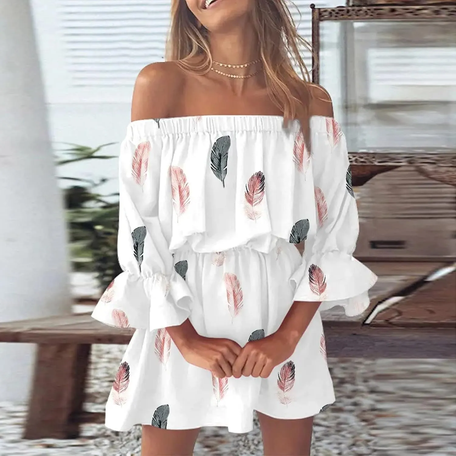 Women's Bodycon Dresses Summer Loose Casual Trendy Dress Cold Shoulder Floral Printed Ruffle Sleeve Dresses, S-3XL