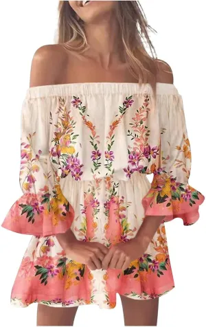 Women's Bodycon Dresses Summer Loose Casual Trendy Dress Cold Shoulder Floral Printed Ruffle Sleeve Dresses, S-3XL