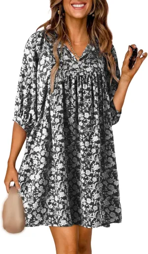 Womens Boho Dresses Summer Casual 3/4 Lantern Sleeve V Neck Babydoll Mini Dress Beach Vacation Shift Sundress