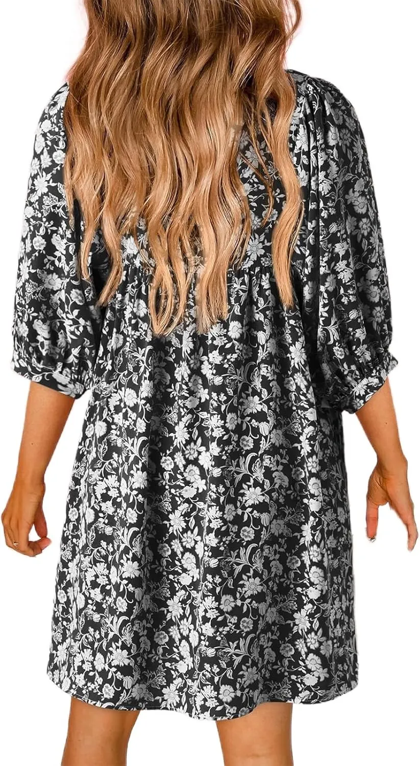 Womens Boho Dresses Summer Casual 3/4 Lantern Sleeve V Neck Babydoll Mini Dress Beach Vacation Shift Sundress