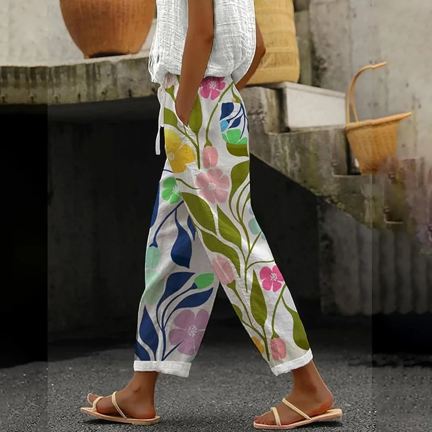 Women's Boho Floral Print Cotton Linen Casual Pants Summer High Waisted Baggy Beach Trousers with Pockets Plus Size