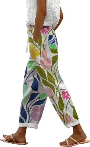 Women's Boho Floral Print Cotton Linen Casual Pants Summer High Waisted Baggy Beach Trousers with Pockets Plus Size