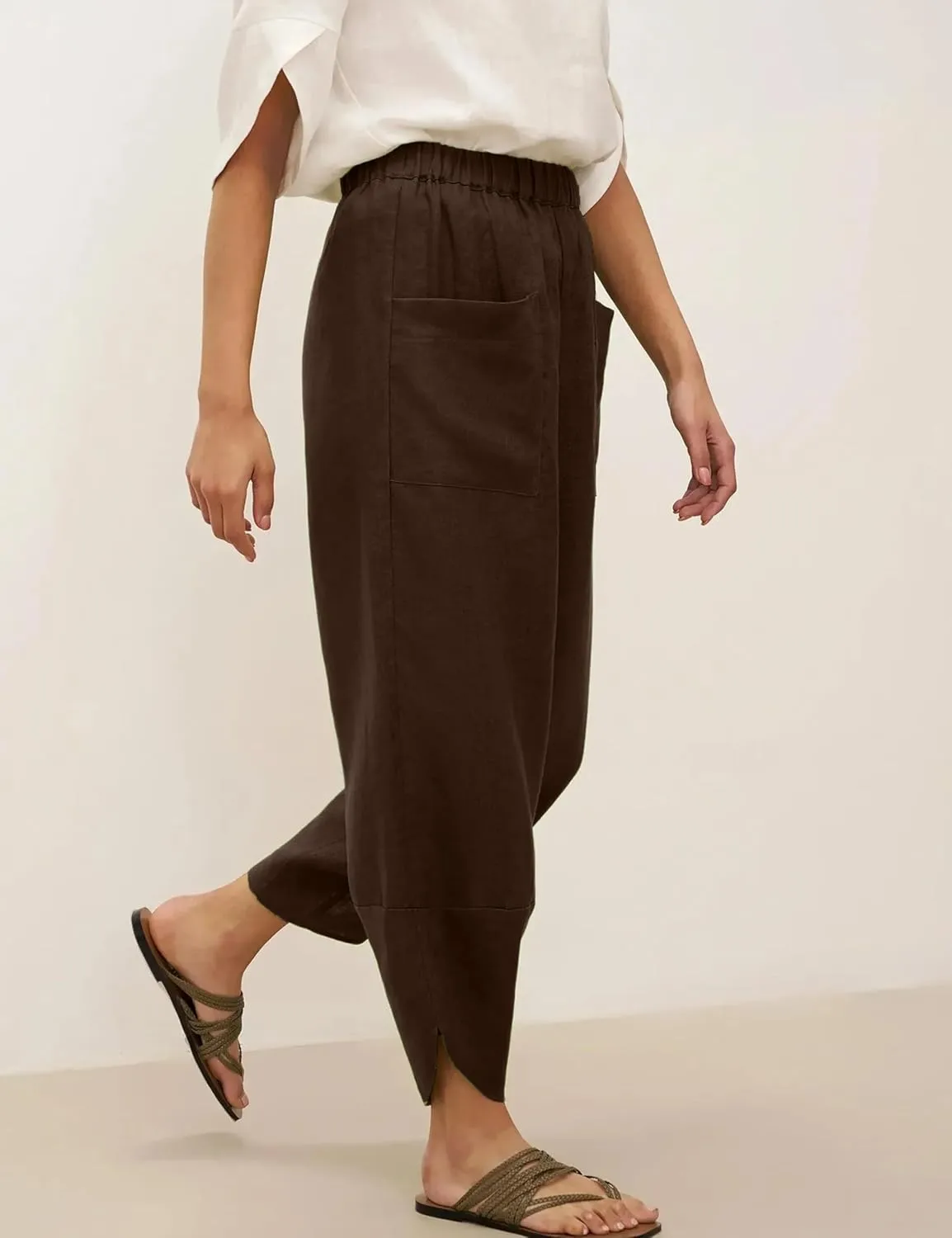 Womens Capri Pants Baggy Wide Leg Pants Linen Elastic Waisted Loose Palazzo Harem Pants with Pockets