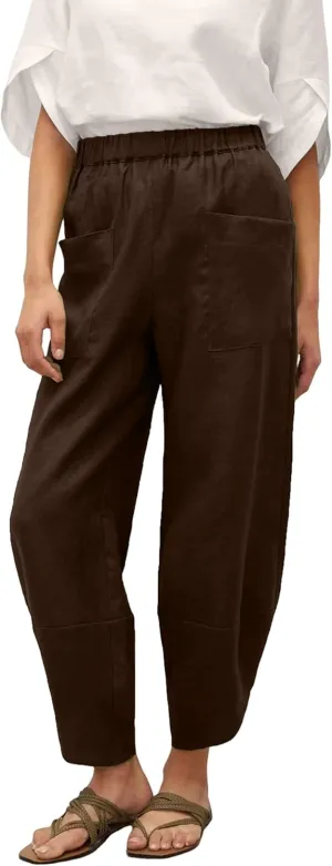 Womens Capri Pants Baggy Wide Leg Pants Linen Elastic Waisted Loose Palazzo Harem Pants with Pockets