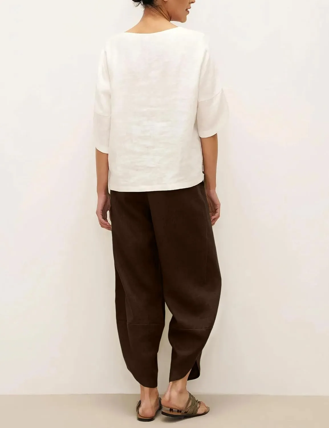 Womens Capri Pants Baggy Wide Leg Pants Linen Elastic Waisted Loose Palazzo Harem Pants with Pockets