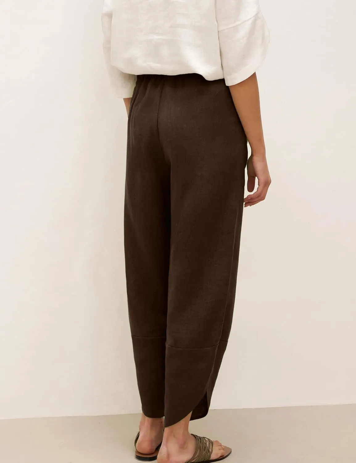 Womens Capri Pants Baggy Wide Leg Pants Linen Elastic Waisted Loose Palazzo Harem Pants with Pockets