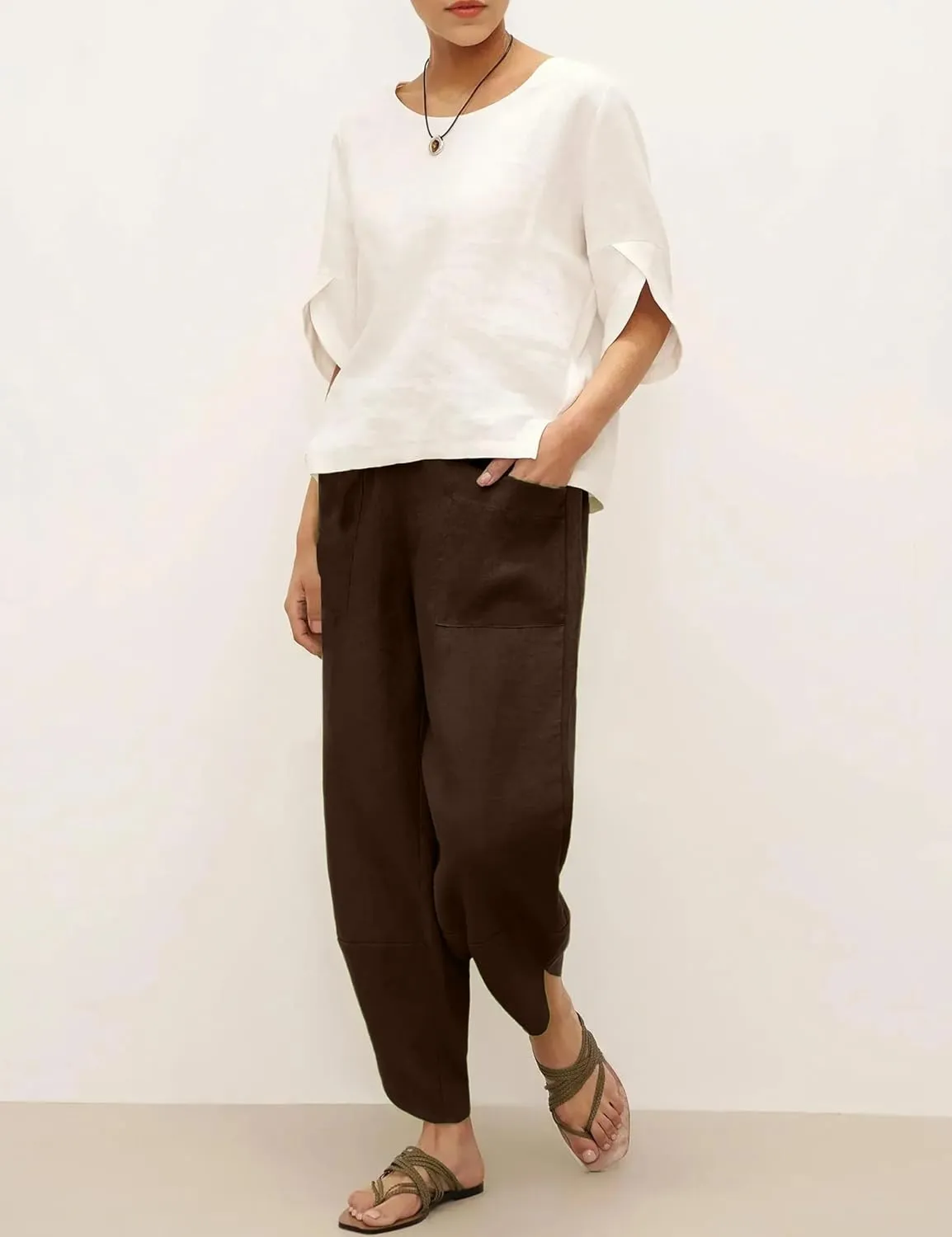 Womens Capri Pants Baggy Wide Leg Pants Linen Elastic Waisted Loose Palazzo Harem Pants with Pockets