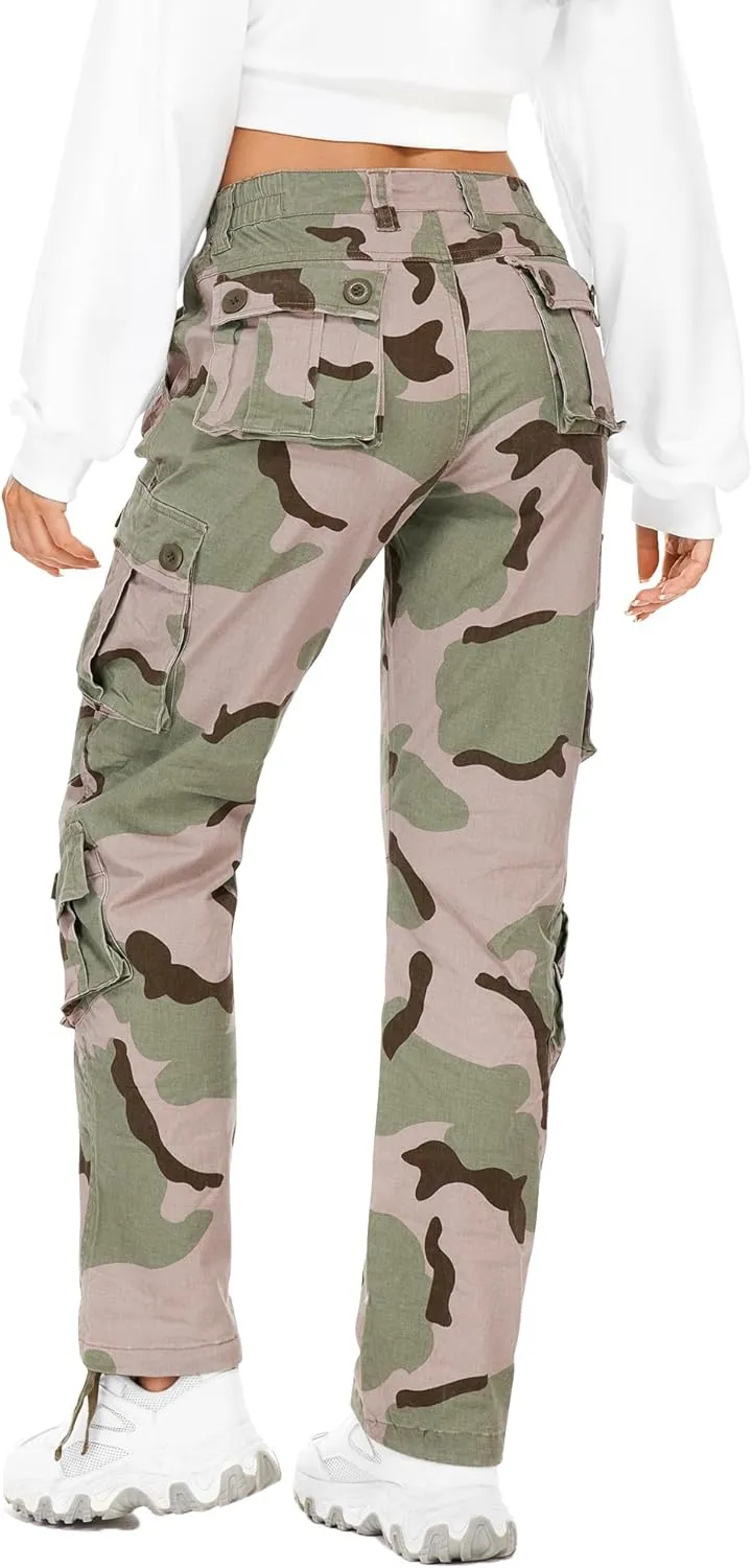 Women's Cargo Pants Relaxed Fit Camo Pants Straight Leg Casual Stretch Work Pants with 9 Pockets