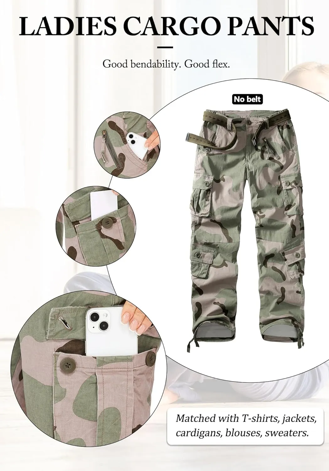 Women's Cargo Pants Relaxed Fit Camo Pants Straight Leg Casual Stretch Work Pants with 9 Pockets