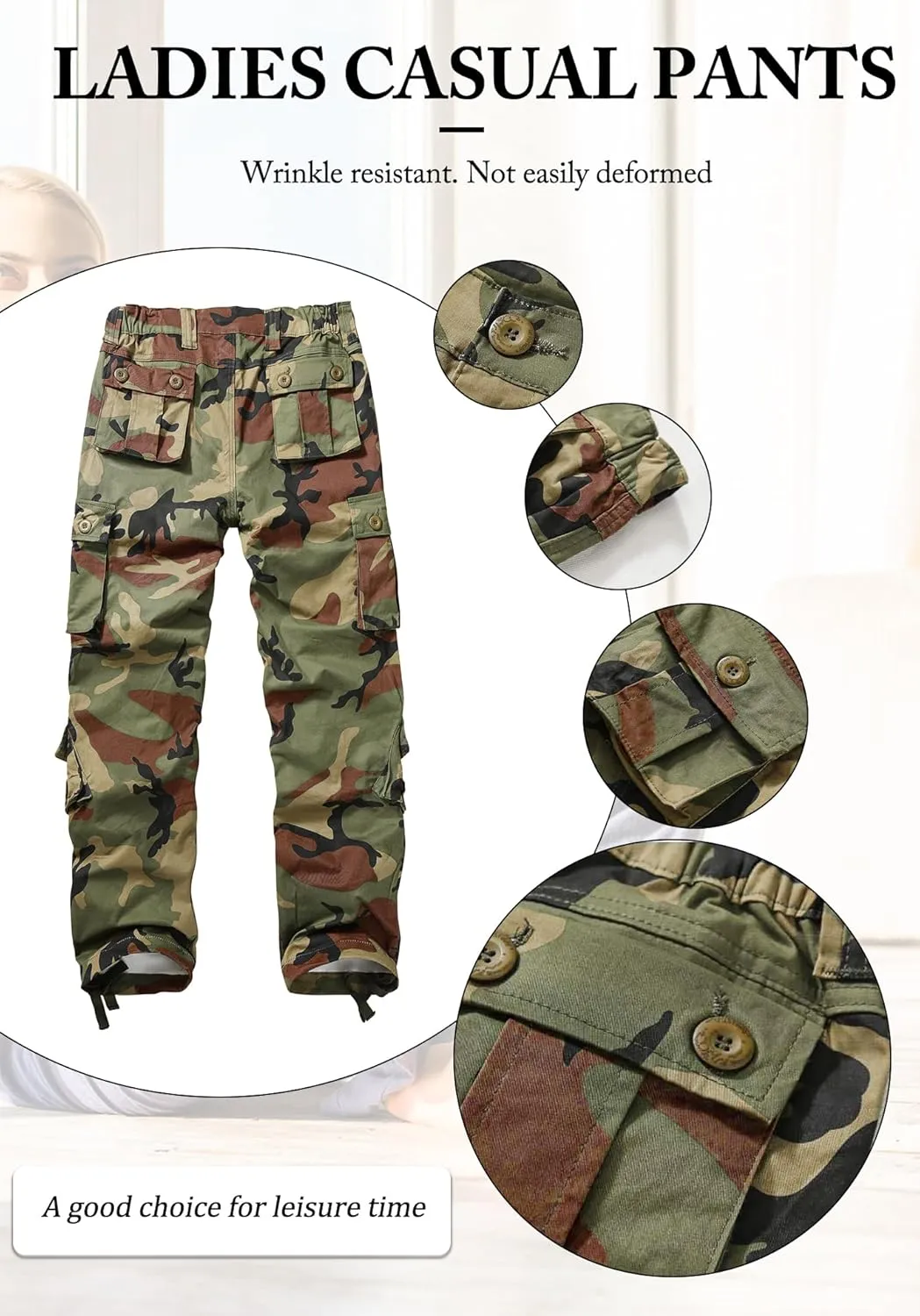 Women's Cargo Pants Relaxed Fit Camo Pants Straight Leg Casual Stretch Work Pants with 9 Pockets